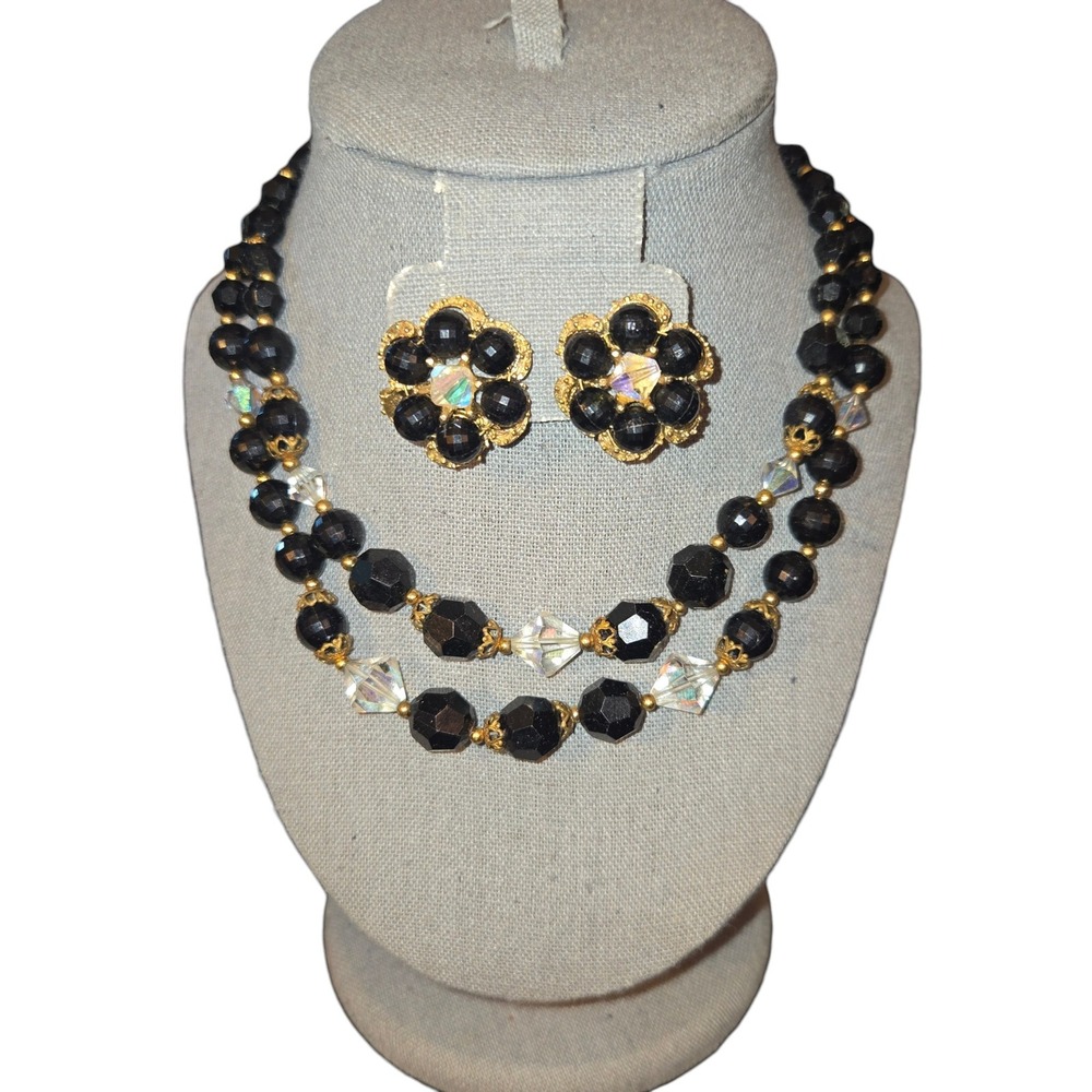 Vintage Necklace & Earring Set Womens 12" Black Glass Bead Brass Mid Century